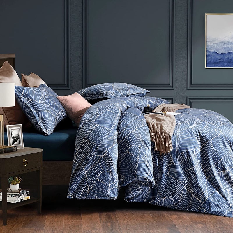 Eikei Modern Vintage Retro Mod Print Bedding Egyptian Cotton Duvet Cover Set Minimalist Chic Botanical Design Asian Zen Style Reversible Pattern in Full Queen or King Size (Queen, Palm Leaf) - Image 1